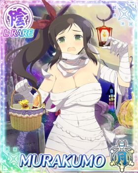 1girl :o arm_up bandage_on_hair bandaged_chest bandaged_torso bandages border breasts brown_hair candy card_(medium) character_name food full_moon game_cg green_eyes hair_ribbon halloween halloween_bucket halloween_costume lamp large_breasts long_hair moon mummy mummy_costume murakumo_(senran_kagura) naked_bandage night official_art open_mouth outdoors red_ribbon ribbon senran_kagura senran_kagura_new_wave side_ponytail solo surprised sweat third-party_source undone
