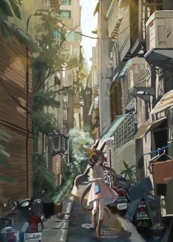 1girl animal_ears asymmetrical_bangs bag boots bow brown_boots brown_hair butterfly-shaped_bow cityscape commentary_request dress full_body hair_over_one_eye handbag horse_ears horse_girl horse_tail jacket knee_boots long_bangs long_hair long_sleeves looking_at_viewer low_twintails natsuki_(digretking) outdoors pink_dress purple_eyes rice_shower_(umamusume) solo tail twintails umamusume walking walking_towards_viewer white_jacket yellow_bow