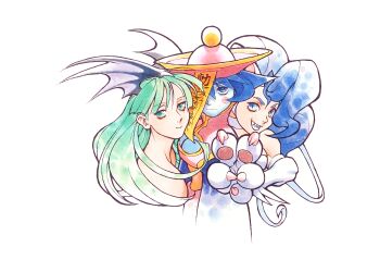 Rule 34 | 1990s (style), 3girls, absurdres, animal ears, animal hands, bat wings, bengus, blue eyes, blue hair, blue skin, breasts, claws, cleavage, colored skin, darkstalkers, demon girl, felicia (darkstalkers), flipped hair, game cg, green hair, hat, head wings, highres, hsien-ko, jiangshi, medium breasts, monster girl, morrigan aensland, multiple girls, non-web source, official art, ofuda, qingdai guanmao, retro artstyle, simple background, white background, wings