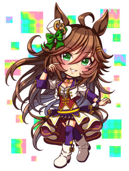 1girl ahoge animal_ears blush bodice boots breasts brown_hair chibi chibi_only choker cleavage collarbone commentary_request corset cropped_jacket full_body garter_straps green_eyes hair_between_eyes hair_ornament hairclip hat highres horse_ears horse_girl horse_tail jacket large_breasts long_hair long_sleeves looking_at_viewer midriff_peek mini_hat mini_top_hat mr._c.b._(umamusume) navel open_mouth overskirt pendant_choker purple_choker purple_garter_straps purple_thighhighs red_corset red_shorts shirt shorts smile solo star_(symbol) starting_future_(umamusume) sugimotty_nova tail thighhighs top_hat umamusume white_boots white_jacket white_shirt wristband