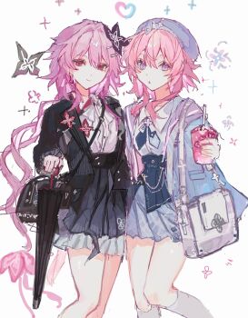 Rule 34 | 2girls, alternate costume, bag, black bag, black jacket, black skirt, black umbrella, blue eyes, blue hat, blue jacket, blue skirt, closed umbrella, collared shirt, commentary request, cup, disposable cup, drinking straw, dual persona, evernight (honkai: star rail), evey (honkai: star rail), feet out of frame, flower, hair flower, hair ornament, hat, highres, holding, holding cup, holding umbrella, honkai: star rail, honkai (series), jacket, kneehighs, long hair, looking at viewer, march 7th (honkai: star rail), march 7th (impression) (honkai: star rail), medium hair, multicolored eyes, multiple girls, nonoko (nocnnc 0228), official alternate costume, pink eyes, pink hair, red eyes, shirt, shoulder-to-shoulder, shoulder bag, simple background, skirt, smile, socks, two-tone eyes, umbrella, very long hair, white background, white bag, white shirt, white socks