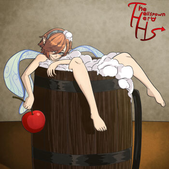 1girl alcohol artist_logo artist_name beer blue_eyes cherry cup fairy fairy_wings food fruit full_body gallica_(metaphor:_refantazio) hair_over_one_eye hairband highres holding holding_food holding_fruit in_container in_cup indoors logo metaphor:_refantazio mini_person minigirl mug nude orange_hair pointy_ears short_hair solo thehellspawnhero wings