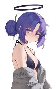 1girl alternate_costume bikini black_bikini blue_archive blush breasts covered_erect_nipples hair_bun halo highres looking_at_viewer medium_breasts painterliuhao purple_hair simple_background solo swimsuit white_background yuuka_(blue_archive)