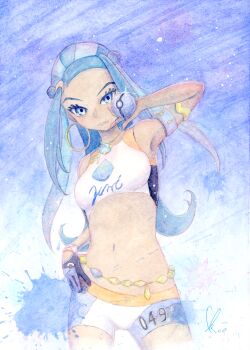 1girl absurdres aotake_tomo armlet blue_background blue_eyes blue_hair closed_mouth commentary_request cowboy_shot crop_top dive_ball earrings hand_on_own_hip highres hoop_earrings jewelry long_hair looking_at_viewer midriff navel nessa_(pokemon) nintendo painting_(medium) poke_ball pokemon pokemon_swsh shirt shorts signature solo tan traditional_media watercolor_(medium) white_shirt