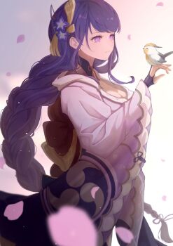1girl bird bird_on_hand blunt_bangs blurry braid breasts bridal_gauntlets cherry_blossoms cleavage cleavage_cutout clothing_cutout commentary dated_commentary depth_of_field expressionless falling_petals fan_hair_ornament from_side genshin_impact gradient_background hair_ornament hair_ribbon highres japanese_clothes kimono large_breasts long_braid long_hair long_sleeves looking_at_animal looking_down looking_to_the_side mitsudomoe_(shape) mole mole_under_eye neck_ribbon off_shoulder petals pink_background pink_petals purple_eyes purple_hair purple_kimono raiden_shogun red_ribbon red_sash ribbon sash serin_omochi single_braid solo standing thighhighs tomoe_(symbol) upper_body wide_sleeves