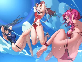 70m4444 absurdres animal_ears arms_up ass barefoot bikini black_bikini black_hair black_horns blue_one-piece_swimsuit blue_sky breasts butt_crack chain chain_headband day double_bikini double_halo feet hair_intakes hakos_baelz hakos_baelz_(holonatsu_paradise) halo hashtag-only_commentary highres hololive hololive_english holopromise horns irys_(hololive) irys_(holonatsu_paradise)_(hololive) large_breasts medium_breasts midair mouse_ears mouse_girl mouse_on_head mouse_tail mr._squeaks_(hakos_baelz) multicolored_hair official_alternate_costume official_alternate_hairstyle one-piece_swimsuit one_eye_closed open_mouth ouro_kronii ouro_kronii_(holonatsu_paradise) outdoors pointy_ears purple_bikini purple_hair red_hair red_one-piece_swimsuit red_streaks sharp_teeth sky soles swimsuit tail teeth thigh_strap toes virtual_youtuber white_hair