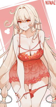 1girl alice_(genshin_impact) artist_name babydoll bare_shoulders barefoot blonde_hair breasts cleavage collarbone commentary feet genshin_impact highres large_breasts leaning_forward long_hair ninai panties panty_pull pointy_ears pulling_own_clothes red_babydoll red_eyes red_panties smile solo symbol-only_commentary toes underwear very_long_hair