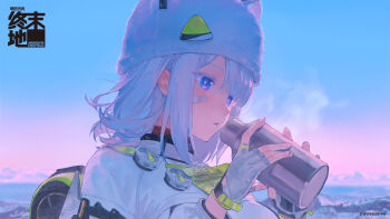 1girl animal_hat arknights arknights:_endfield bandaid bandaid_on_cheek bandaid_on_face blue_eyes bottle bright_pupils cat_hat chinese_commentary commentary_request copyright_name copyright_notice estella_(arknights) fingerless_gloves gloves grey_gloves hat highres holding holding_bottle light_blush official_art outdoors parted_lips sky solo upper_body white_hair white_hat yuyin_rina
