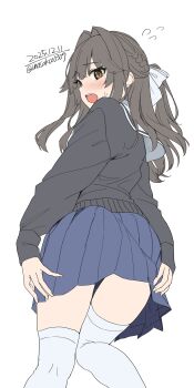 Rule 34 | 1girl, absurdres, black cardigan, blue skirt, blush, bow, braid, brown eyes, brown hair, cardigan, commentary request, embarrassed, from behind, hair bow, highres, long hair, long sleeves, looking back, open mouth, original, pleated skirt, sailor collar, school uniform, simple background, skirt, solo, sweatdrop, thighhighs, unasaka ryou, white background, white bow, white sailor collar, white thighhighs