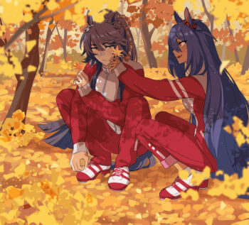 Rule 34 | 2girls, animal ears, autumn, autumn leaves, bandaid, bandaid on face, bandaid on nose, black hair, blush, breasts, closed mouth, dark-skinned female, dark skin, ear ornament, ear scrunchie, fang, hair between eyes, highres, hishi amazon (umamusume), holding, horse ears, horse girl, horse tail, hwipa (param blue), jacket, leaf, long hair, multiple girls, narita brian (umamusume), open mouth, outdoors, pants, ponytail, red eyes, red jacket, red pants, red scrunchie, red track suit, rope, scrunchie, shimenawa, shoes, smile, squatting, tail, tracen training uniform, track jacket, track pants, track suit, umamusume, very long hair, yellow eyes