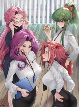 4girls absurdres ass bare_legs black_skirt breasts budgiepon c.c. code_geass computer cornelia_li_britannia curtained_hair euphemia_li_britannia fingernails food food_in_mouth glasses green_hair hair_ornament highres holding holding_laptop id_card kouzuki_kallen laptop long_hair medium_breasts multiple_girls nail_polish necktie pantyhose pencil_skirt pink_hair pizza ponytail purple_eyes purple_hair purple_nails red_hair shirt short_hair skirt sweatdrop white_shirt yellow_eyes