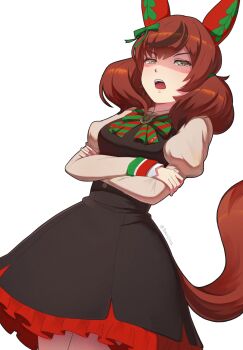 1girl animal_ears black_dress blush bow bowtie breasts brown_eyes brown_hair crossed_arms diagonal-striped_bow dress ear_bow ear_covers ear_ornament ear_ribbon green_bow green_bowtie highres horse_ears horse_girl horse_tail juliet_sleeves long_sleeves looking_at_viewer medium_hair multicolored_hair nice_nature_(poinsettia_ribbon)_(umamusume) nice_nature_(umamusume) open_mouth puffy_sleeves simple_background solo streaked_hair striped_bow striped_bowtie striped_clothes tail teeth tenescross twintails umamusume white_background