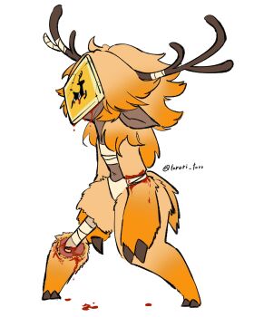 1girl animal_ears animal_hands antlers artist_name bandaged_arm bandaged_horn bandages bandaid bleeding blood blood_drip blood_on_face bloody_bandages bone chest_sarashi claws dark-skinned_female dark_skin deep_wound deer_antlers deer_ears deer_girl deer_tail exposed_bone full_body highres horns injury legs_apart long_hair mask navel orange_fur original panties personification pointy_ears road_sign roadkill sarashi sign simple_background solo standing tail torori_toro_(oimo_kenpi) twitter_username underwear white_background white_panties