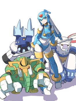 1girl absurdres armor blizzack_staggroff blue_armor blue_helmet commentary_request fairy_leviathan_(mega_man) forehead_protector full_body group_picture helmet highres holding holding_polearm holding_weapon maha_ganeshariff mega_man_(series) mega_man_zero_(series) mega_man_zero_1 mega_man_zero_2 non-humanoid_robot omochi_(mochi_skymega) polearm poler_kamrous robot robot_animal simple_background spear weapon white_background