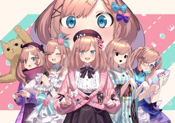 1girl absurdres aqua_bow aqua_nails beret black_bow black_bowtie black_eyes black_mouth black_sash blue_bow blue_dress blue_gemstone blue_kimono blush bow bowtie breasts brown_hair cardigan center_frills choker closed_eyes coat controller crown double_v dress fingernails frilled_choker frilled_dress frilled_shirt frills game_controller gem ghost_pose glasses green_bow green_eyes hair_bow hair_ornament hairclip hat highres holding holding_controller holding_game_controller holding_microphone holding_pillow japanese_clothes jewelry kimono long_sleeves looking_at_viewer medium_hair microphone mini_crown nail_polish nijisanji one_eye_closed open_mouth pillow pink_bow pink_bowtie pink_cardigan pink_coat pink_scarf pink_skirt pleated_skirt purple-framed_eyewear purple_bow purple_hat purple_skirt ring sash scarf shirt skirt smile striped_bow striped_bowtie striped_clothes striped_kimono suzuhara_lulu suzuhara_lulu_(1st_costume) suzuhara_lulu_(2nd_costume) suzuhara_lulu_(3rd_costume) suzuhara_lulu_(4th_costume) suzuhara_lulu_(5th_costume) sweater teeth twintails two-tone_bow two-tone_bowtie v virtual_youtuber white_background white_choker white_dress white_shirt white_sweater zyaki