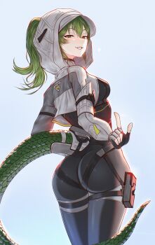 1girl arknights arknights:_endfield ass black_bodysuit black_gloves blue_background blush bodysuit breasts fingerless_gloves fluorite_(arknights) from_behind gloves green_eyes green_hair hair_through_hood highres hood hood_up index_finger_raised long_hair long_sleeves looking_at_viewer looking_back mcdobo medium_breasts motion_lines parted_lips ponytail pouch shrug_(clothing) skin_tight smile snake_tail solo tail thigh_pouch wagging_finger