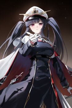 1girl azur_lane black_hair blunt_bangs buttons cape double-breasted floating_hair hat highres looking_at_viewer open_mouth outstretched_arm peaked_cap peter_strasser_(azur_lane) pink_eyes rubisco shadow standing twintails