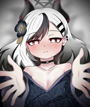 1girl black_choker black_flower black_hair black_kimono blue_archive blush breasts choker closed_mouth collarbone commentary_request ear_piercing flower hair_down hair_flower hair_ornament halo highres horns japanese_clothes kayoko_(blue_archive) kayoko_(new_year)_(blue_archive) kimono long_hair long_sleeves looking_at_viewer lying multicolored_hair off_shoulder on_back piercing print_kimono red_eyes small_breasts smile solo tomimon two-tone_hair unmoving_pattern upper_body white_hair wide_sleeves