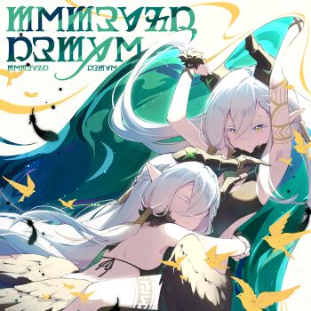 2girls album_cover armpits arms_up bikini black_bikini black_horns blue_eyes breasts character_request closed_eyes closed_mouth colored_eyelashes cover demon_girl double-parted_bangs elf game_cg highres holding holding_cloth horns hug long_hair looking_at_another low_wings median_furrow multicolored_eyes multiple_girls non-web_source official_art pointy_ears shoulder_blades small_breasts smile stella_sora string_bikini swimsuit two-tone_eyes white_eyelashes white_hair wings yellow_eyes