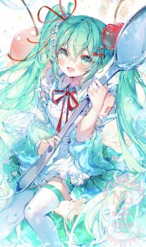 1girl aqua_eyes aqua_hair aqua_nails aqua_trim arm_tattoo blush cherry cherry_hair_ornament collared_shirt commentary_request detached_sleeves flower food food-themed_hair_ornament fruit hair_between_eyes hair_flower hair_ornament hatsune_miku highres holding holding_spoon ice ice_cube long_hair looking_at_viewer noyu_(noyu23386566) number_tattoo open_mouth red_ribbon ribbon shirt smile solo spoon tattoo thighhighs twintails very_long_hair vocaloid white_flower white_shirt white_thighhighs wide_sleeves