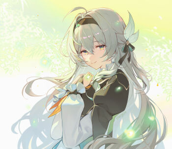 1girl absurdres black_hairband black_jacket bridal_gauntlets closed_mouth commentary_request firefly_(honkai:_star_rail) grey_hair hair_between_eyes hair_ornament hairband hands_on_own_chest highres honkai:_star_rail honkai_(series) jacket long_hair long_sleeves looking_at_viewer neckerchief orange_neckerchief pink_eyes smile solo very_long_hair yanjem