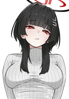 1girl :/ absurdres alternate_hair_length alternate_hairstyle black_hair black_halo blue_archive breasts bright_pupils closed_mouth commentary_request guwall hair_ornament hairpin halo highres large_breasts looking_at_viewer medium_hair red_eyes rio_(blue_archive) simple_background solo sweater turtleneck turtleneck_sweater upper_body vertical-striped_sweater white_background white_pupils white_sweater wolf_cut