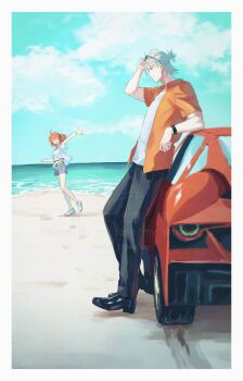 1boy 1girl absurdres alternate_costume beach belt black_scrunchie car closed_eyes eyewear_on_head fate/grand_order fate_(series) fomnant fujimaru_ritsuka_(female) fujimaru_ritsuka_(female)_(summer_street) full_body green_belt grey_shorts highres jacket motor_vehicle official_alternate_costume orange_hair orange_jacket pants scrunchie see-through_clothes see-through_jacket shirt shorts smile takeda_shingen_(fate) white_jacket