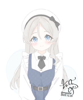 1girl beret black_bow black_necktie blue_dress blue_eyes bow chame_(myyo04) closed_mouth dated dress grey_hair hat hat_bow javelin_(kancolle) kantai_collection light_blush long_hair looking_at_viewer necktie pinafore_dress shirt sidelocks signature simple_background sleeveless sleeveless_dress smile solo twitter_username upper_body white_background white_hat white_shirt
