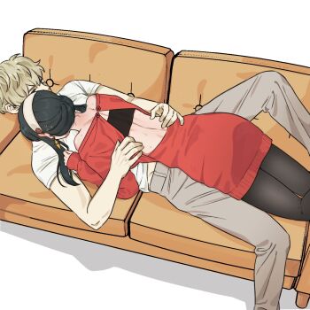 1boy 1girl arm_around_back backless_dress backless_outfit bare_shoulders black_hair black_pantyhose blonde_hair couch couple dress earrings girl_on_top gold_earrings grey_pants hair_between_eyes hairband hetero highres jewelry long_hair long_sleeves midriff midriff_peek off-shoulder_dress off_shoulder pants pantyhose red_dress saeng-yang shirt short_dress short_hair sidelocks spy_x_family sweatdrop sweater sweater_dress t-shirt tight_clothes tight_shirt twilight_(spy_x_family) updo white_hairband white_shirt yor_briar