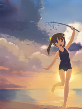 1girl barefoot beach blue_eyes brown_hair child ezakishii faux_traditional_media female_focus flat_chest happy one-piece_swimsuit school_swimsuit smile solo sunset swimsuit tanabata twig twintails water