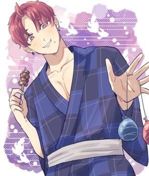 1boy asxxiz blush brown_eyes closed_mouth commentary_request dandadan eating enjoji_jin from_below highres japanese_clothes looking_at_viewer male_focus red_hair short_hair solo teeth upper_body