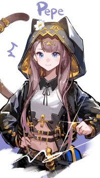 1girl absurdres animal_ears animal_hood ankh arknights black_jacket blue_eyes brown_hair cat_ears cat_hood cat_tail character_name closed_mouth coin flower glint hand_on_own_hip highres holding holding_coin hood hood_up jacket long_hair long_sleeves looking_at_viewer luan_teng midriff navel pepe_(arknights) smile solo tail tail_ornament tail_ring white_background white_flower