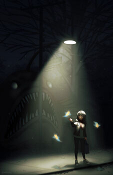 Rule 34 | 1girl, absurdres, anglerfish, bag, bare tree, black hair, black jacket, black pants, blue eyes, commentary, fish, fringe trim, green shoes, highres, holding, holding bag, hood, hood down, hooded jacket, hoodie, jacket, lamppost, long hair, ndtwofives, night, open clothes, open jacket, original, outdoors, pants, plaid clothes, plaid scarf, power lines, red scarf, scarf, sea angel, shoes, sky, solo, tree, white hoodie