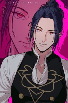 1boy amikoiiko black_vest blue_hair buttons character_name collared_shirt commentary curtained_hair felix_hugo_fraldarius fire_emblem fire_emblem:_three_houses gold_trim hair_bun highres light_smile looking_at_viewer male_focus nintendo open_collar orange_eyes popped_collar shirt single_hair_bun solo upper_body vest white_shirt zoom_layer