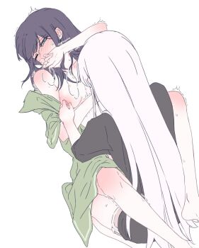 2girls barefoot black_hair blush breasts cho_kaguya-hime! green_shirt hickey highres leg_lock long_hair medium_breasts mole mole_under_eye multiple_girls nipple_stimulation nipple_tweak nipples runami_yachiyo sakayori_iroha shirt simple_background tafnutou trembling white_background white_hair yuri