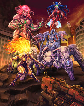 1boy 4girls baron_of_hell blonde_hair blue_hair breasts cacodemon colored_skin dark_skin demon_horns doom_(series) doom_eternal doom_i doomguy genderswap genderswap_(mtf) highres horns huge_weapon imp_(doom) long_hair multiple_girls personification pink_skin pov scales spider_mastermind spikes substance20 weapon