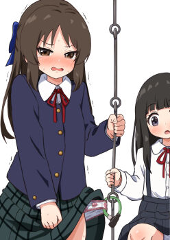 2girls black_eyes black_hair blue_bow blue_jacket blush bow brown_eyes brown_hair buttons character_request choppy_bangs clothes_lift collared_shirt comiching commentary_request dot_nose embarrassed food_print fruit_print grey_skirt hair_bow highres idolmaster idolmaster_cinderella_girls jacket loli long_hair long_sleeves looking_at_viewer motion_lines multiple_girls neck_ribbon nose_blush open_mouth panties pleated_skirt print_panties red_ribbon ribbon school_uniform shirt simple_background skirt skirt_lift straight_hair strawberry_panties strawberry_print suspender_skirt suspenders sweat tachibana_arisu trembling underwear underwear_locked v-shaped_eyebrows wavy_mouth white_background white_panties white_shirt