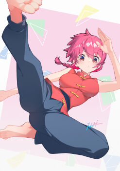 1girl absurdres barefoot black_pants braid braided_ponytail breasts chinese_clothes highres itou_kazuki leg_up looking_at_viewer medium_breasts pants pink_background pink_hair ponytail ranma-chan ranma_1/2 red_eyes red_shirt shirt short_ponytail sleeveless sleeveless_shirt soles solo tangzhuang white_background
