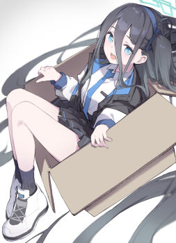 Rule 34 | 1girl, absurdly long hair, aqua halo, aris (blue archive), black hair, black skirt, black socks, blue archive, blue eyes, blue hairband, blue necktie, box, cardboard box, hair between eyes, hairband, halo, highres, in box, in container, jacket, long hair, long hair between eyes, long sleeves, looking at viewer, miya kazutomo, multicolored jacket, necktie, one side up, open clothes, open jacket, open mouth, shirt, sitting, skirt, smile, socks, solo, teeth, two-tone jacket, upper teeth only, very long hair, white footwear, white shirt
