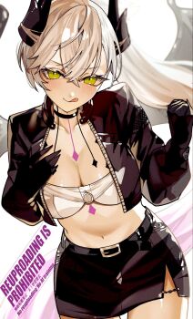 1girl black_hands black_jacket black_skirt blush body_markings breasts choker cleavage colored_extremities crossed_bangs demon_girl demon_horns demon_wings ear_piercing fate/grand_order fate_(series) green_eyes grey_hair hair_between_eyes high_ponytail highres horns jacket kabosoi_mangaka large_breasts licking_lips lilith_(fate) lilith_(over_the_same_sky)_(fate) long_hair long_sleeves midriff navel open_mouth pencil_skirt piercing pointy_ears ponytail shirt skirt smile solo tongue tongue_out very_long_hair white_shirt wings