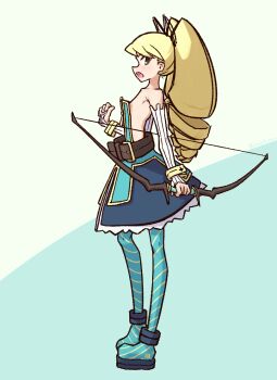 1girl archer_(disgaea) archer_(disgaea)_(cosplay) belt blonde_hair blue_pantyhose blush bow bow_(weapon) cosplay disgaea dress drill_hair from_side green_hair hair_bow holding holding_bow_(weapon) holding_weapon liveactors long_hair luna_platz_(mega_man) mega_man_(series) mega_man_star_force_(series) open_mouth pantyhose simple_background strapless strapless_dress striped_clothes striped_pantyhose twin_drills two-tone_background very_long_hair weapon