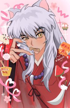 2boys animal_ears bead_necklace beads blush chibi chibi_inset chips_(food) chopsticks cup_ramen dog_boy dog_ears dog_treat fang fingernails food fruit hair_between_eyes highres huge_weapon inuyasha inuyasha_(character) japanese_clothes jewelry kamaboko kirara_(inuyasha) long_hair male_focus multiple_boys myouga_(inuyasha) narutomaki necklace nekomata pink_background potato_chips red_eyes red_shirt sharp_fingernails shirt shuaitofu sidelocks slit_pupils tessaiga tooth_necklace twitter_username upper_body watermelon watermelon_slice weapon white_hair white_nails yellow_eyes