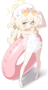 1girl :3 absurdres bare_arms bare_legs bare_shoulders beret bikini blonde_hair blue_archive blush bow breasts clenched_hand commentary_request contrapposto eyewear_on_head feet fluffy_hair footwear_bow frilled_bikini frilled_one-piece_swimsuit frills full_body gradient-tinted_eyewear green_eyes hair_bow hair_intakes halo hand_up hat hat_bow heart heart-shaped_eyewear heart-shaped_glasses highleg highleg_one-piece_swimsuit highres honi_(honi1010) innertube korean_commentary leaning_back legs_apart light_blush light_smile loli long_hair long_sidelocks looking_at_viewer one-piece_swimsuit one_side_up pink-tinted_eyewear professor_niyaniya_(blue_archive) sandals sidelocks simple_background small_breasts standing sunglasses swim_ring swimsuit thighs tinted_eyewear toes very_long_hair wavy_hair wavy_sidelocks white_background white_bow white_hat white_one-piece_swimsuit white_sandals yellow-framed_eyewear yellow-tinted_eyewear yellow_halo