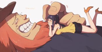 1boy 1girl beard black_hair blush commentary_request connected_beard facial_hair full_beard happy_tears hat high_heels highres jaguar_d._saul long_hair lying_on_another nico_robin one_piece orange_hair orange_shoes shirt shoes size_difference smile straight_hair tears tomato_0429 yellow_shirt