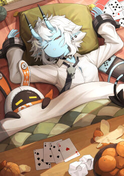 1girl absurdres arms_up bangboo_(zenless_zone_zero) black_choker black_necktie blue_horns blue_oni blue_skin card choker colored_skin commentary_request earrings eous_(zenless_zone_zero) food fruit hair_between_horns head_on_pillow highres horns indoors jewelry mandarin_orange multicolored_horns necktie one_eye_closed oni parted_lips pillow pointy_ears red_eyes regit_etihw shadow shirt skin-covered_horns soukaku_(zenless_zone_zero) two-tone_horns under_covers white_shirt zenless_zone_zero