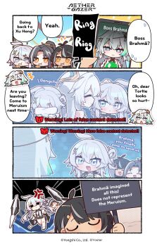 4girls absurdres aether_gazer anger_vein black_hair brahma_(aether_gazer) bright_pupils brown_eyes character_request closed_eyes colored_tips copyright_name copyright_notice donmin_h drinking drinking_straw english_text gengchen_(aether_gazer) green_hair grey_eyes grey_hair hair_ornament hairclip highres holding holding_phone mole mole_under_eye multicolored_hair multiple_girls orange_eyes phone speech_bubble streaked_hair white_pupils