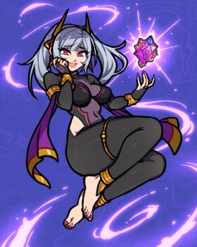 1girl adapted_costume akairiot alternate_costume anklet barefoot bodystocking breasts clothing_cutout corruption crazy_smile dark_persona eyes_of_grima feet female_robin_(fire_emblem) female_robin_(grima)_(fell_tactician)_(fire_emblem) female_robin_(grima)_(fire_emblem) fire_emblem fire_emblem_awakening fire_emblem_heroes full_body grey_hair grima_(fire_emblem) groin highres hip_vent intelligent_systems jewelry large_breasts nail_polish nintendo no_panties official_alternate_costume possessed possession red_eyes red_nails robin_(fire_emblem) skirt smile thick_thighs thighlet thighs toenail_polish toenails toes twintails unworn_skirt