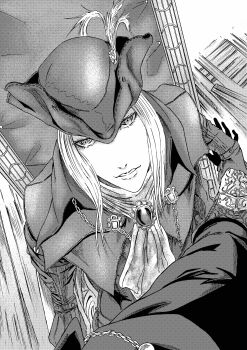 1girl 913kousatu absurdres ascot bloodborne brooch coat commentary_request greyscale hat hat_feather highres jewelry lady_maria_of_the_astral_clocktower long_sleeves looking_at_viewer monochrome short_hair solo tricorne upper_body