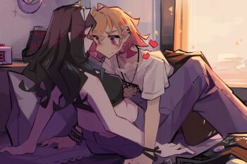 2girls black_hair black_nails blonde_hair closed_eyes closed_mouth commentary crop_top earrings english_commentary enna_(togekk0) highres jewelry long_hair lyra_(togekk0) multiple_girls original pillow pink_eyes shirt short_hair t-shirt tagme togekk0 yuri