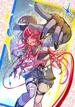 1girl alternate_costume alternate_hairstyle audience bandaged_arm bandages baseball_cap belt black_boots black_gloves black_nails blue_border boots border bow bra braid braided_ponytail character_name clothes_writing collarbone colored_skin colored_tongue commentary concert cowboy_shot cropped_shirt crowd denim denim_shorts english_commentary fang feet_out_of_frame fingerless_gloves floating_hat foreshortening gloves glowing glowing_eye glowstick green_gloves grey_skin hair_bow hat heterochromia highres holding holding_microphone hololive hololive_indonesia idol idol_clothes kghazir kureiji_ollie long_hair looking_at_viewer microphone mismatched_pupils multicolored_hair multicolored_skin music o-ring o-ring_bra open_mouth outside_border patchwork_skin penlight_(glowstick) pink_bra pink_hair pink_hat pink_shirt purple_tongue red_eyes red_hair shirt shorts singing single_braid single_glove smile solo solo_focus sparkle stage stitched_arm stitched_chest stitched_face stitched_leg stitches symbol-shaped_pupils thighs torn_clothes torn_shirt two-tone_skin underwear very_long_hair virtual_youtuber white_belt x-shaped_pupils yellow_border yellow_eyes zombie